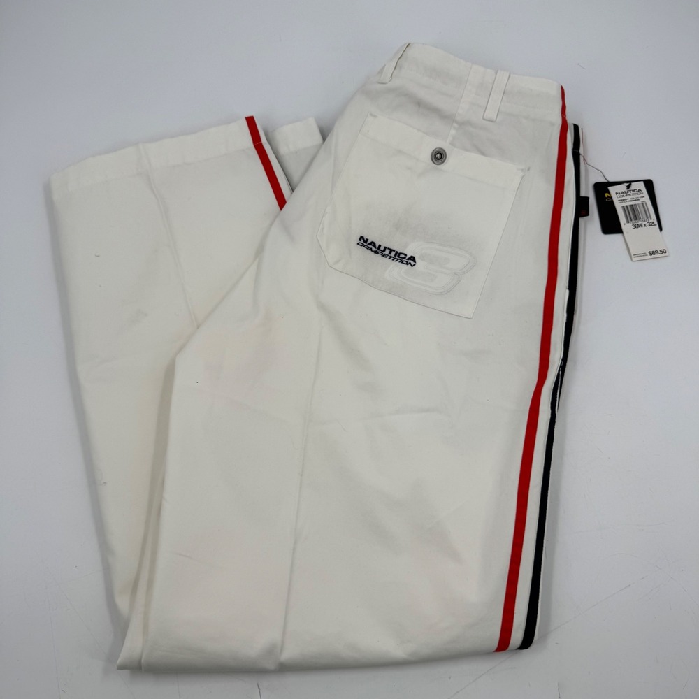 Nautica Competition Mens White Pants Red Black Stripe Casual 38x32 NWT